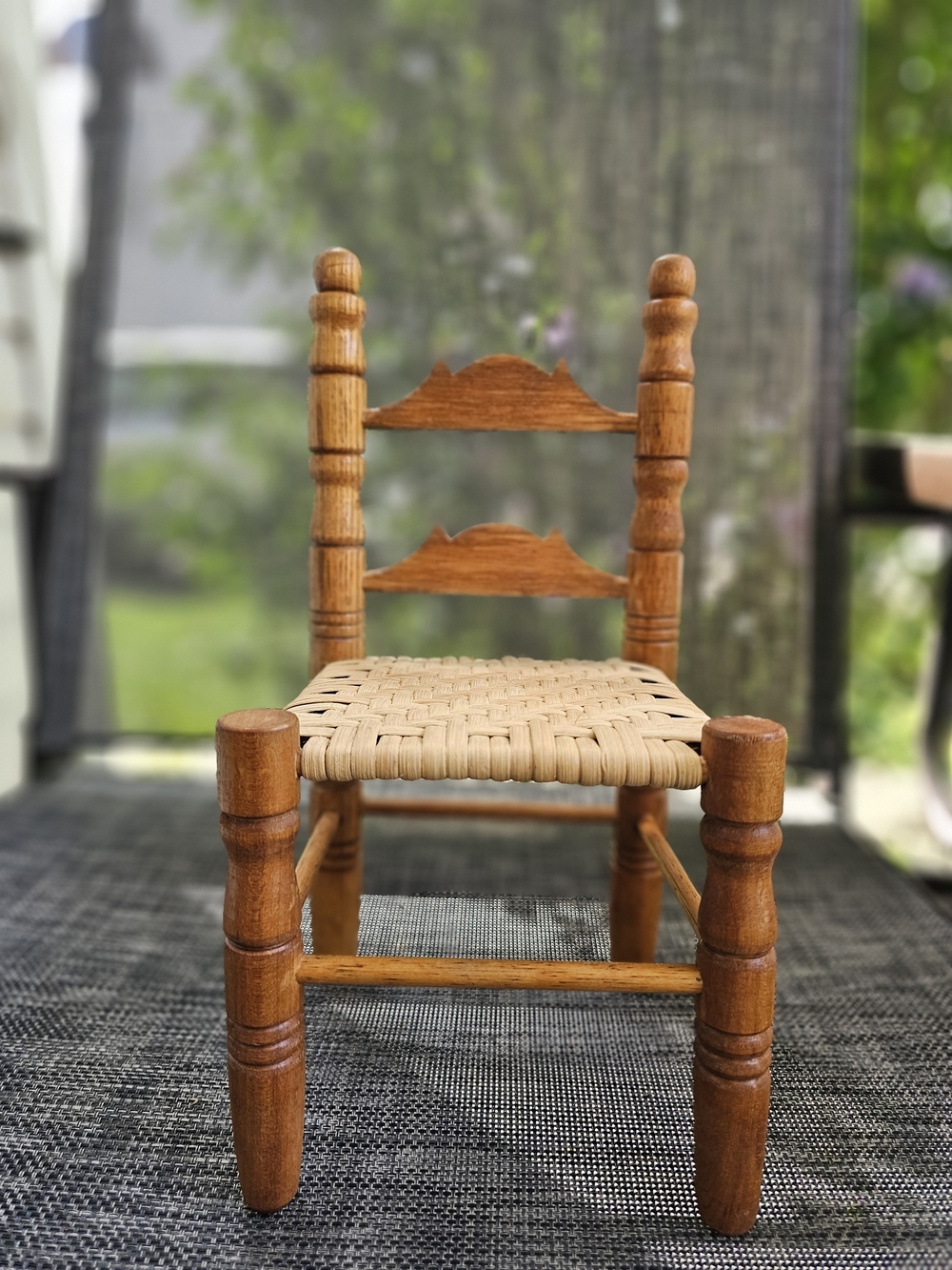 Vintage Miniature Wooden Doll Chair Woven Rush Seat Ladder Back Farmhouse Decor